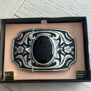 Black Onyx and Silver Floral Belt Buckle